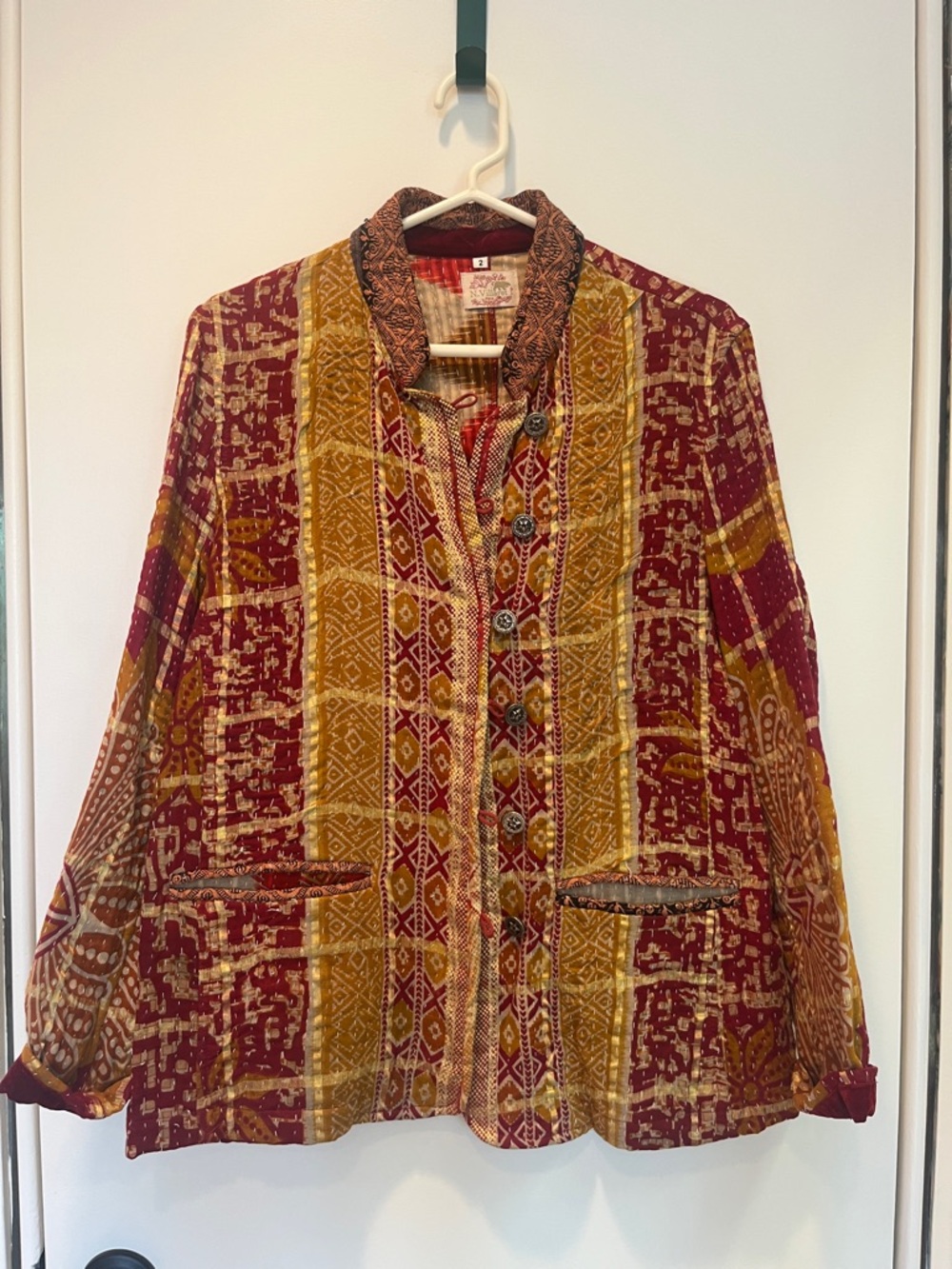 Bohemian Patchwork Button-Front Jacket - Red & Mustard